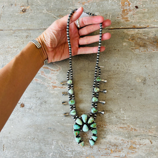 Navajo Rena Shelly Sterling Silver - Carico Lake & Sonoran Turquoise Squash Blossom Necklace