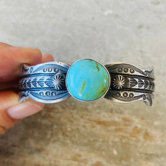 Navajo Kindale Billah Sterling Silver & Kingman Turquoise Stacker Cuff