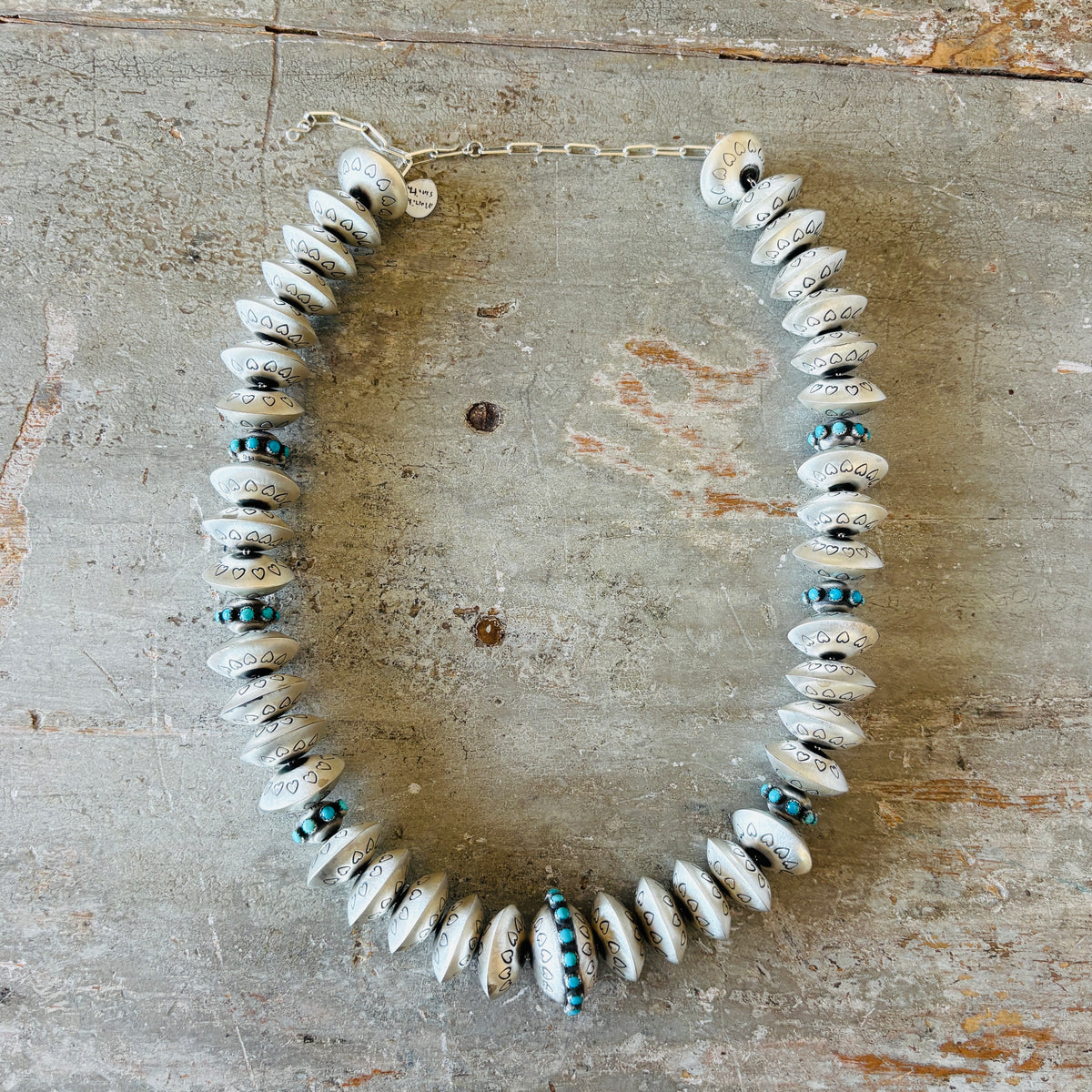 Navajo Monika Smith Sterling Silver & Kingman Turquoise Hearts Graduated Handmade Pearls