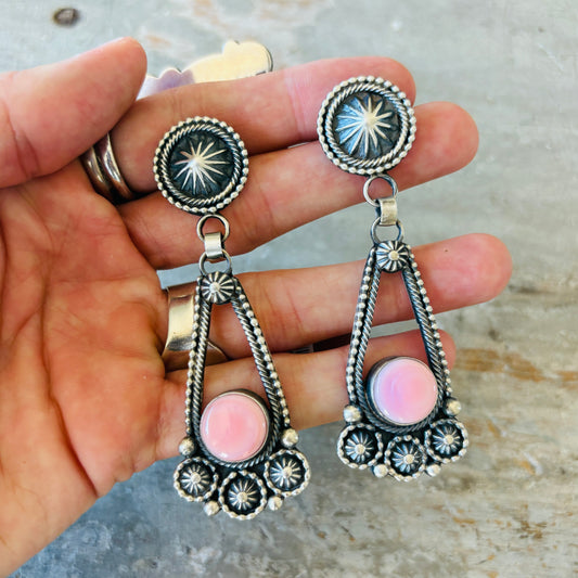 Navajo Hemerson Brown Sterling Silver & Pink Conch Statement Earrings