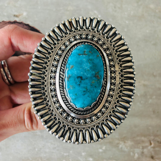 Navajo Glenn Livingston Sterling Silver & Pilot Mountain Turquoise Statement Cuff
