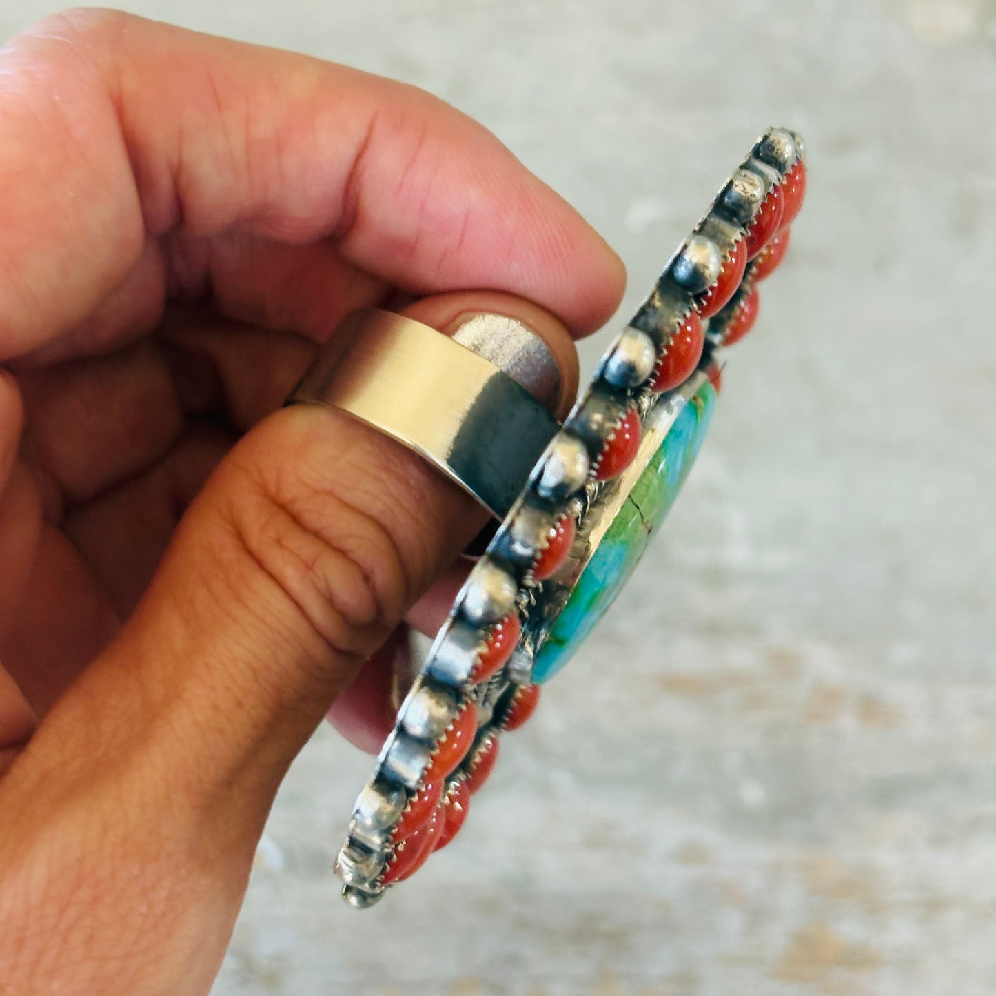 Navajo Hemerson Brown Sterling Silver - Red Coral & Sonoran Turquoise Statement Ring