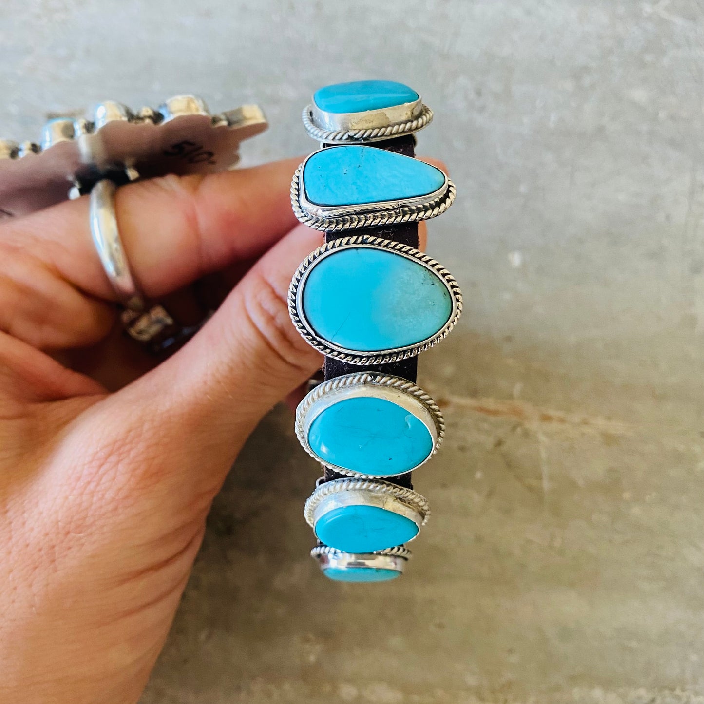 Navajo Signed Sterling Silver & Turquoise Leather Bracelet