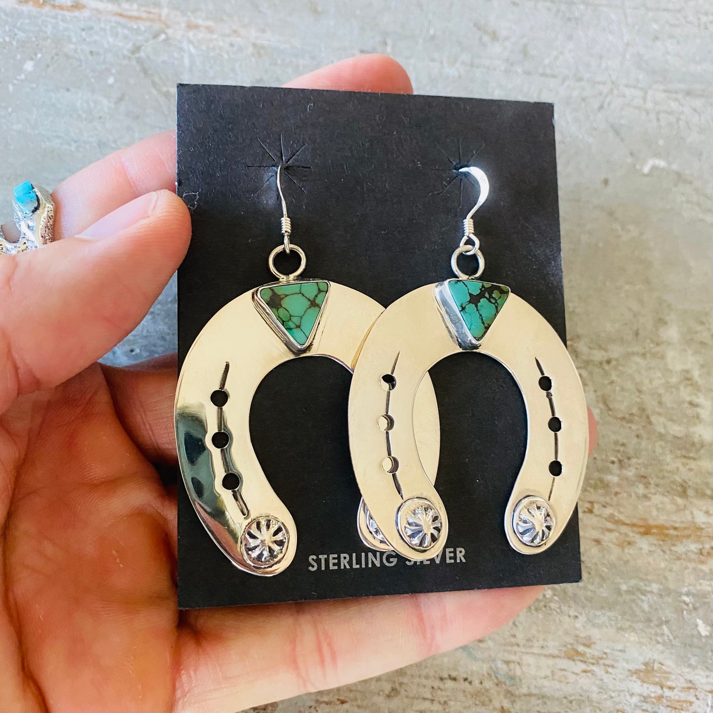 Navajo Harold Joe Sterling Silver & China Mountain Turquoise Horseshoe Earrings