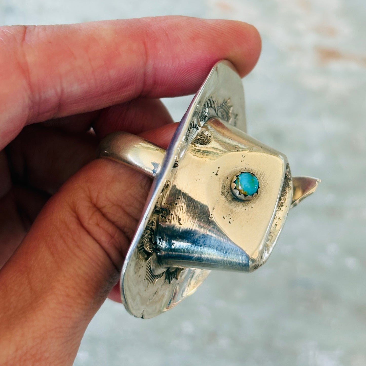 Navajo Robbie Manuelito Sterling Silver & Kingman Turquoise Cowboy Hat Ring