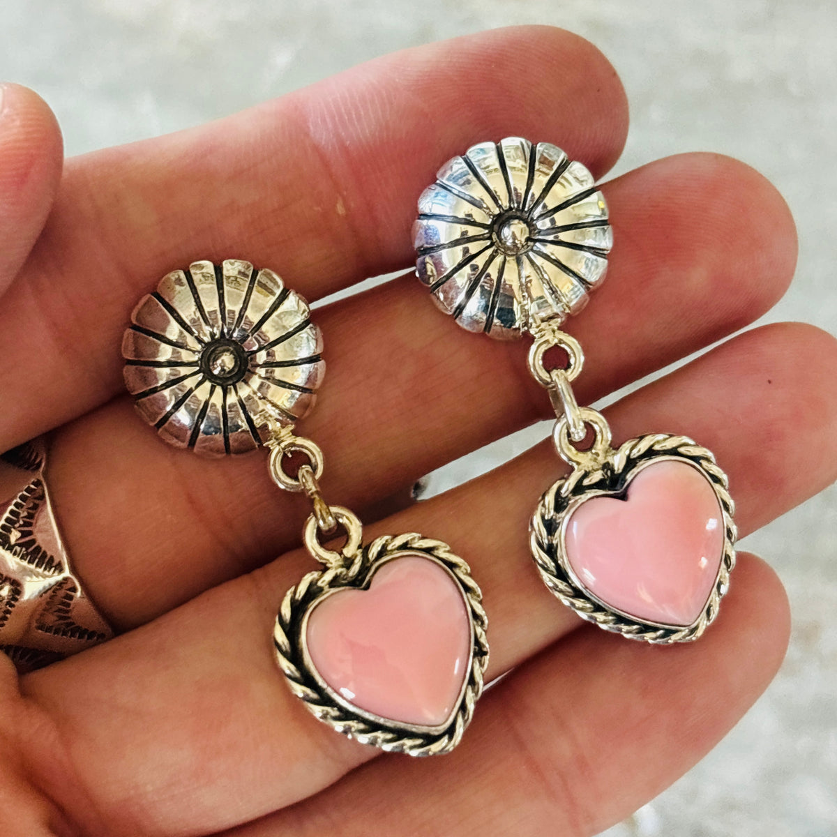 Navajo Signed Sterling Silver & Pink Conch Heart Earrings
