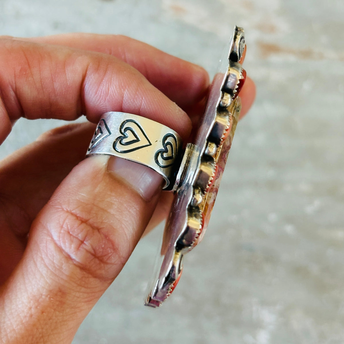 Navajo Hemerson Brown Sterling Silver - Red Spiny Oyster & Rainbow Dyed Crazy Lace Agate Hearts Ring