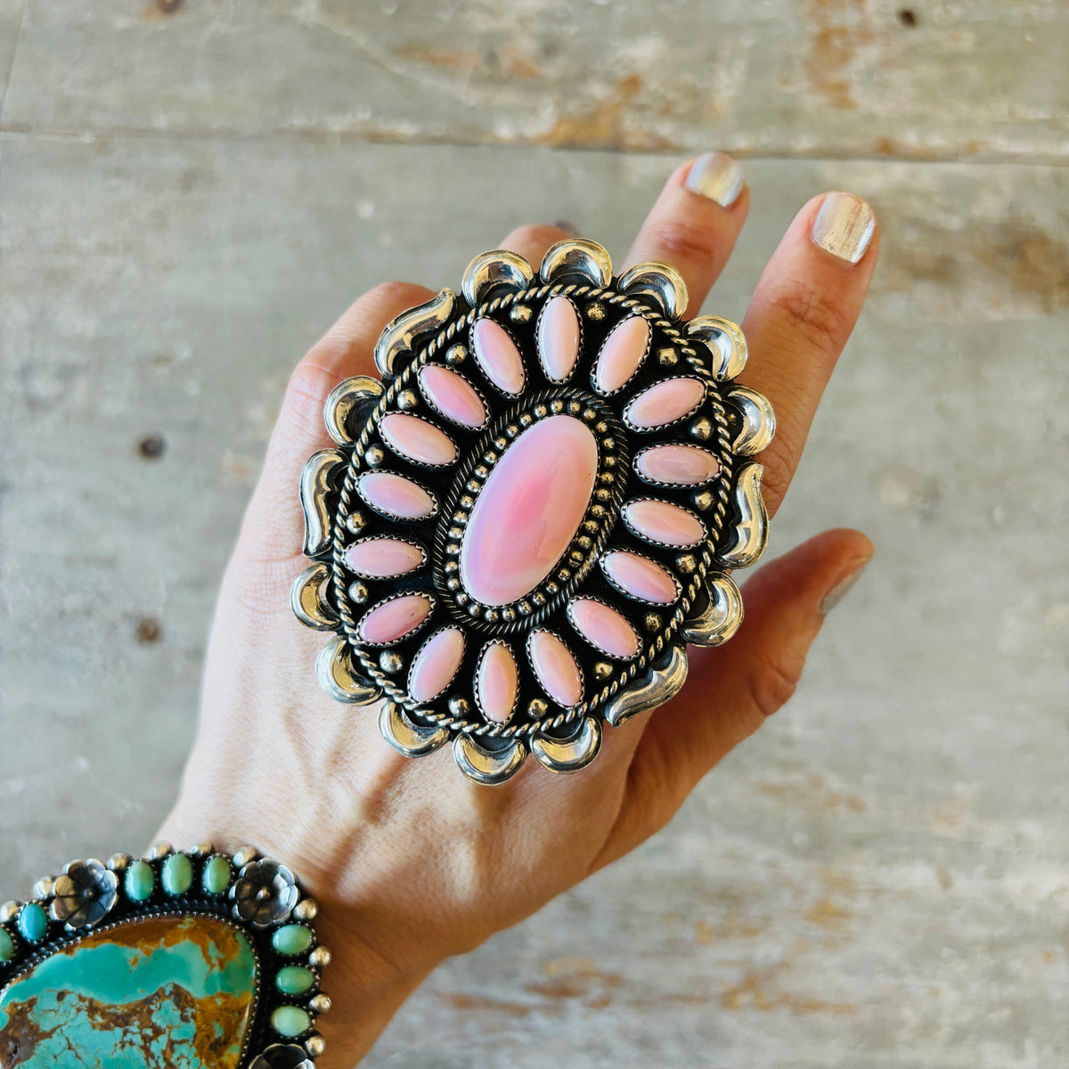 Navajo Hemerson Brown Sterling Silver & Pink Conch Cluster Statement Ring