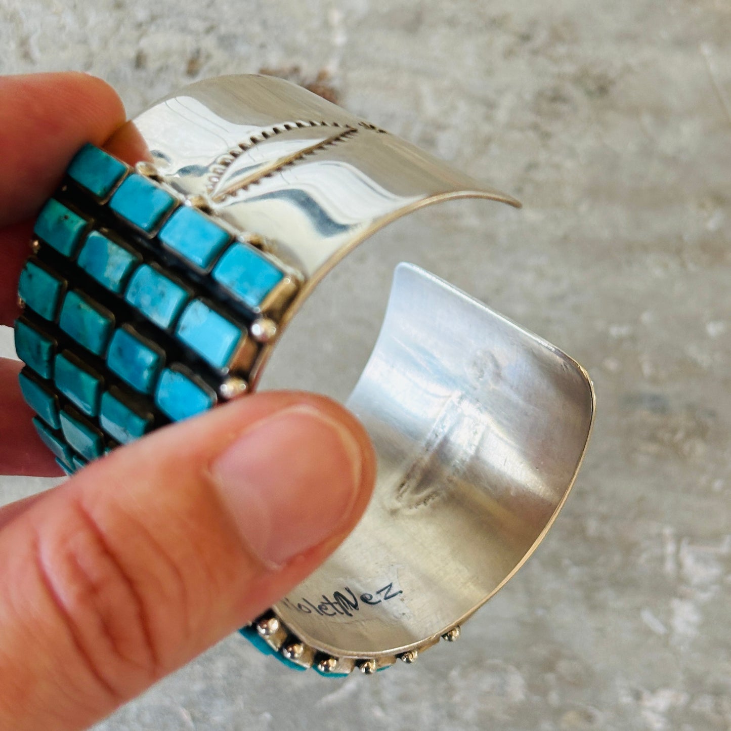 Navajo Violet Nez Sterling Silver & Kingman Turquoise Four Row Statement Cuff