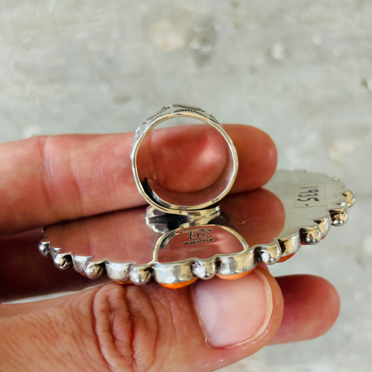 Navajo Tyler Brown Sterling Silver & Orange Spiny Oyster Heart Cluster Ring