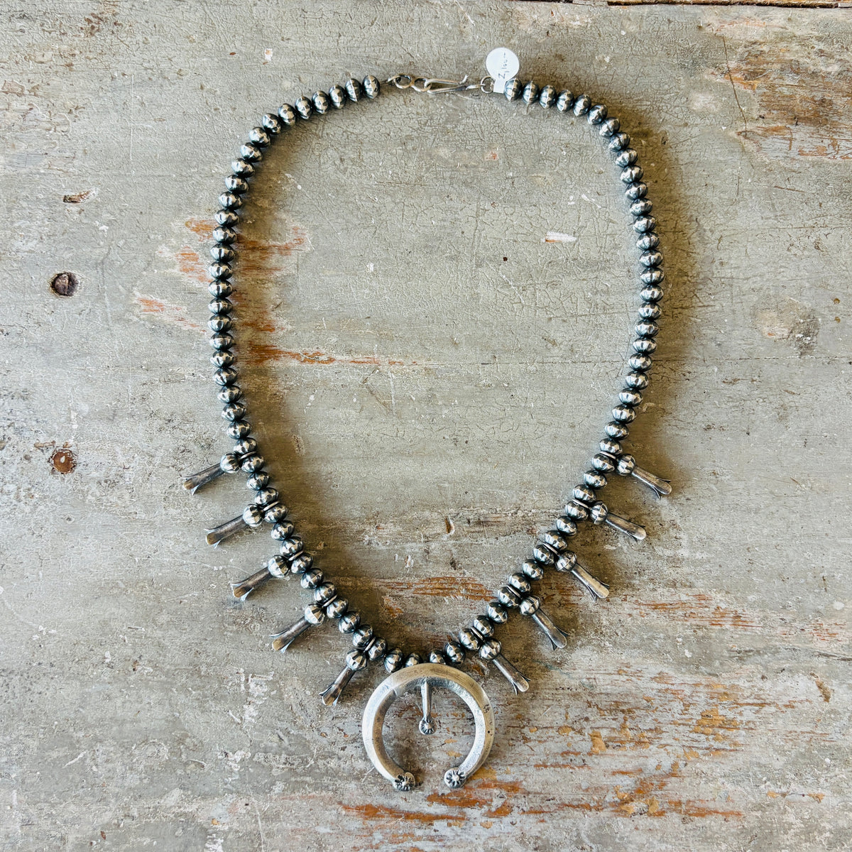 Navajo Austin Haley Sterling Silver 8mm Fluted Handmade Pearls Squash Blossom Necklace