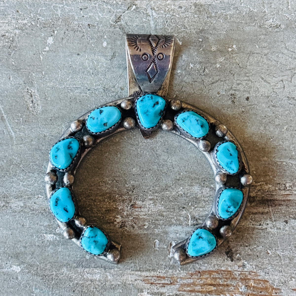 Vintage Navajo Signed Sterling Silver & Kingman Turquoise Naja Pendant