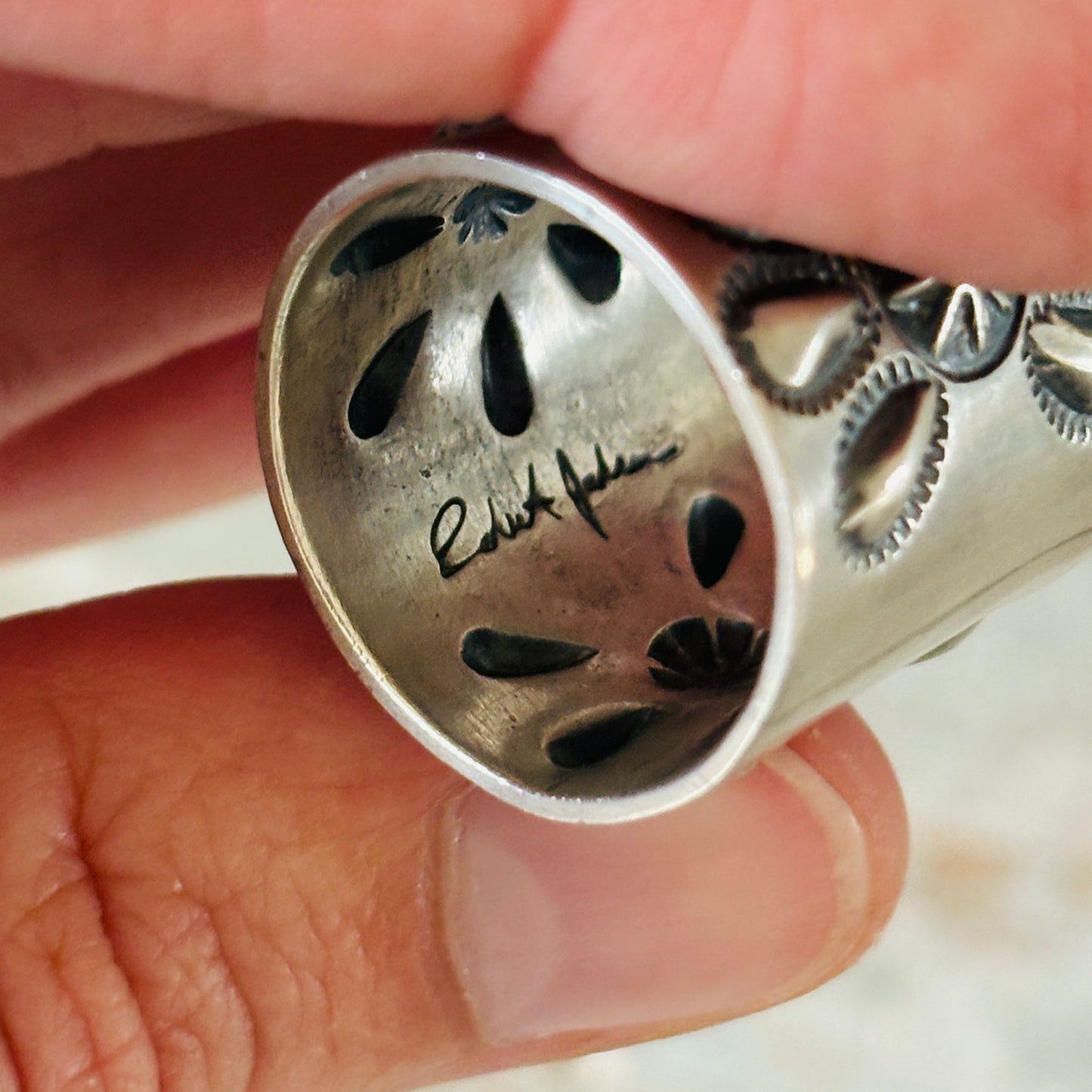 Navajo Robert Johnson Sterling Silver Floral Repousse Ring