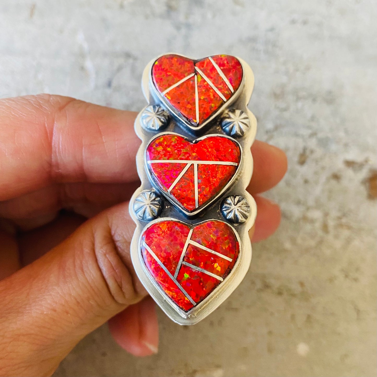 Navajo Signed Sterling Silver & Red Orange Lab Opal Hearts Ring