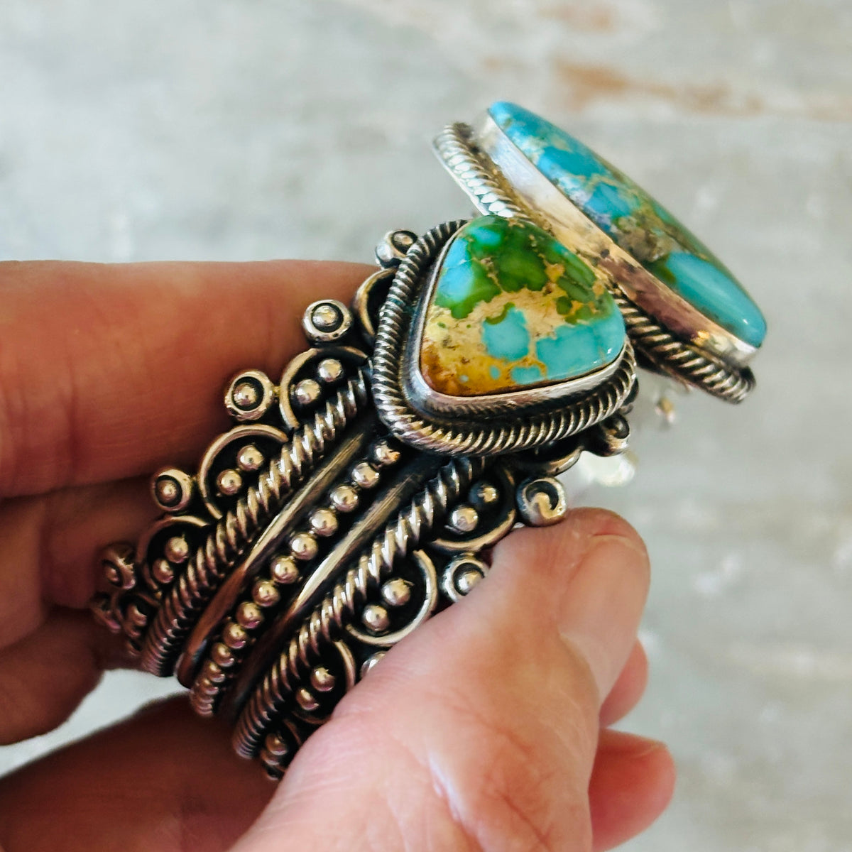 Navajo Hemerson Brown Sterling Silver & Sonoran Turquoise Three Stone Statement Cuff