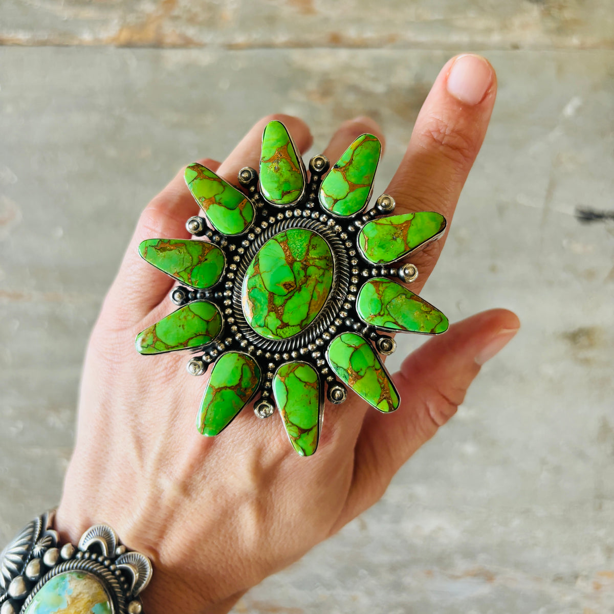 Navajo Hemerson Brown Sterling Silver & Green Mojave Cluster Ring