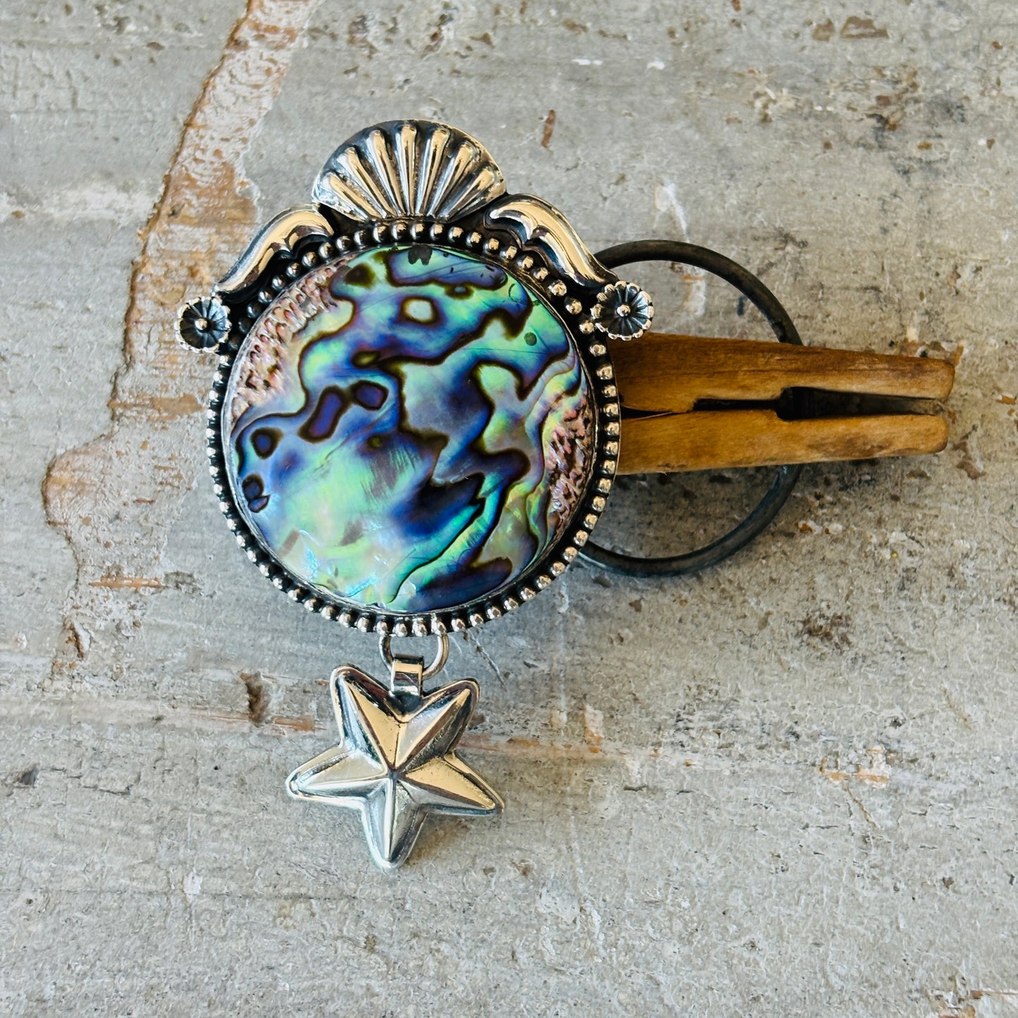 Navajo Hemerson Brown Sterling Silver & Abalone Shell Star Charm Ring