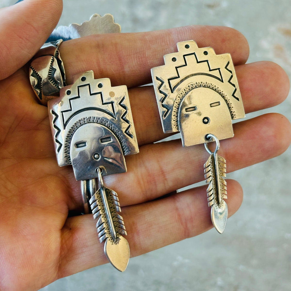 Vintage Navajo Signed Sterling Silver Kachina Earrings