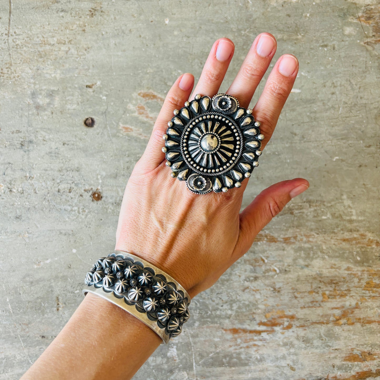 Navajo Hemerson Brown Sterling Silver Concho Statement Ring