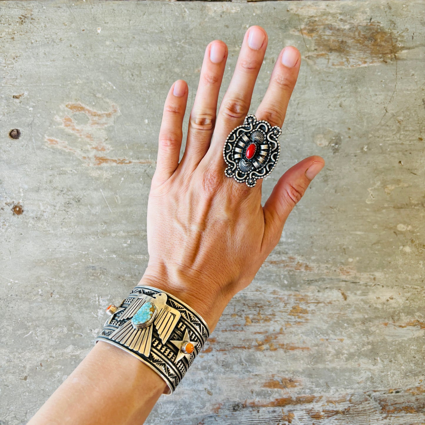Navajo Braxton Parkett Sterling Silver & Red Coral Statement Ring