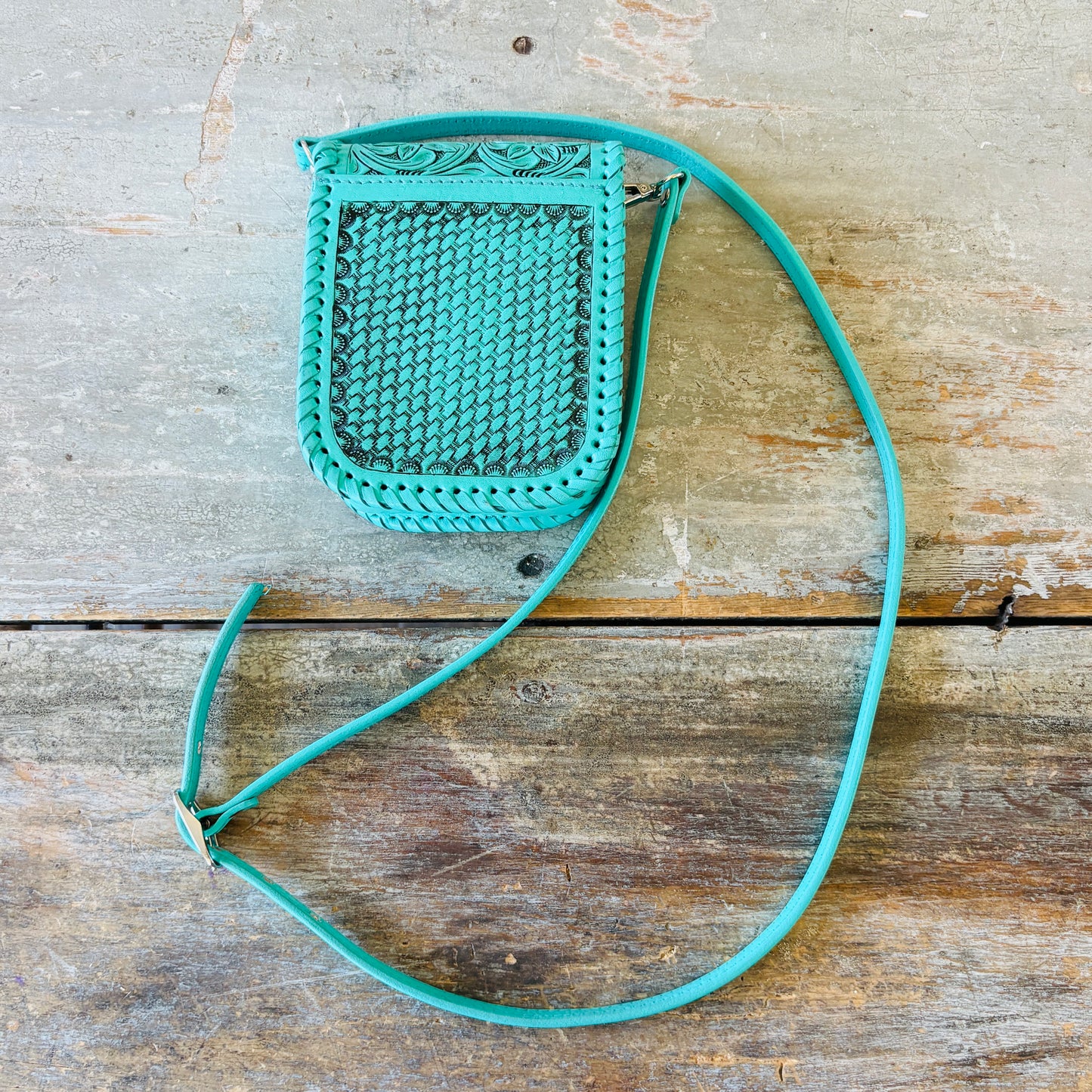 Navajo Hemerson Brown Sterling Silver & Kingman Turquoise Embellished Leather Blue Crossbody Bag