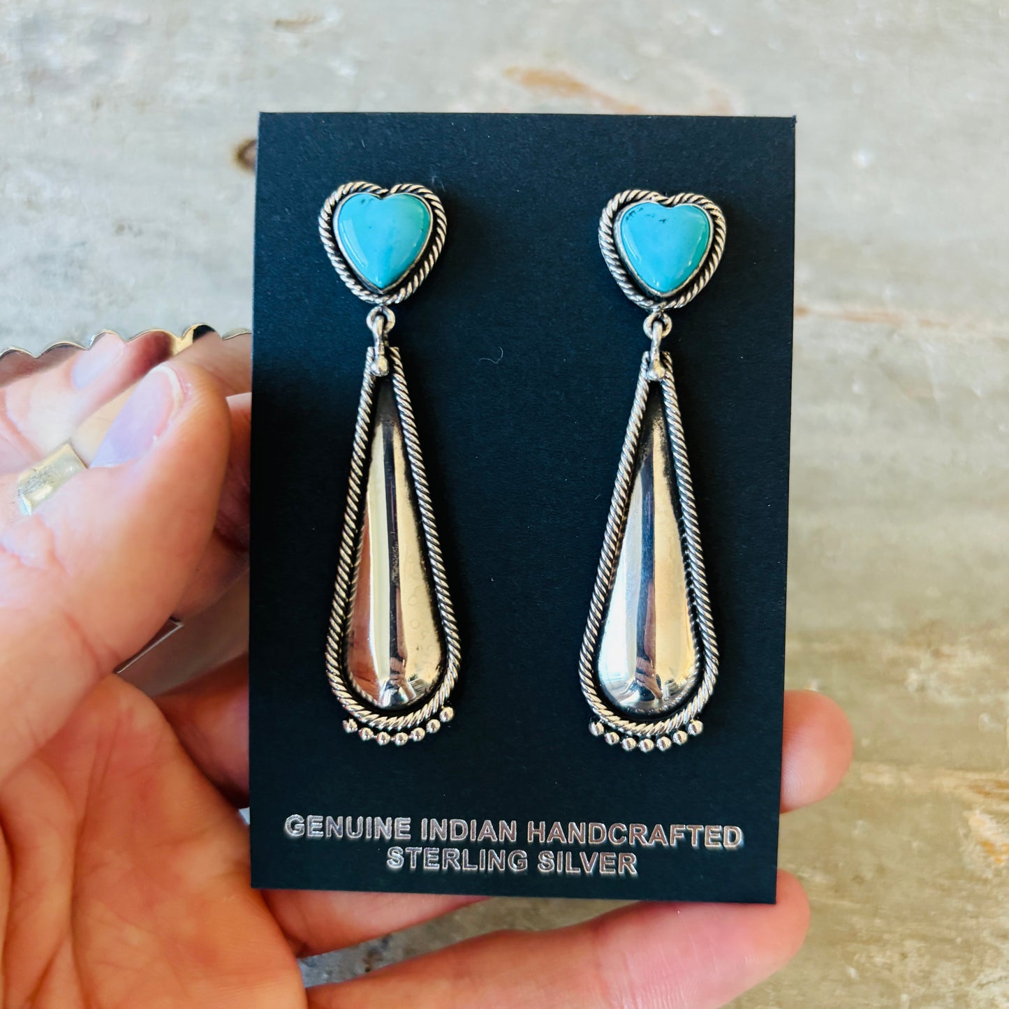 Navajo Steve Arviso Sterling Silver & Kingman Turquoise Heart Earrings