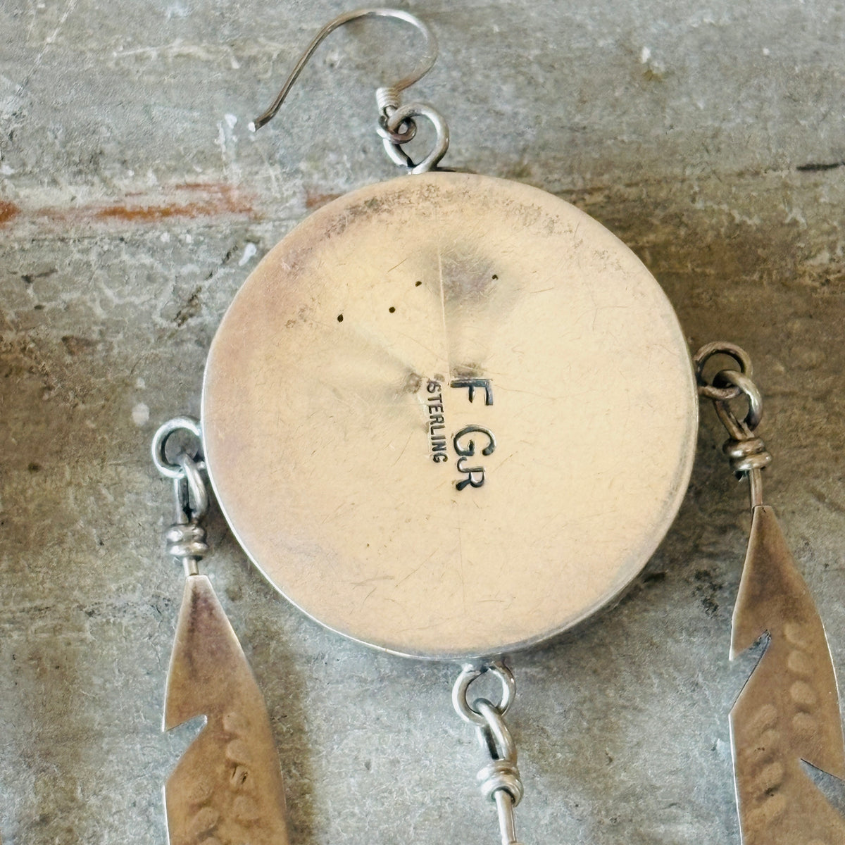 Vintage Navajo Fred Guerro Jr. Sterling Silver Feather Drum Earrings