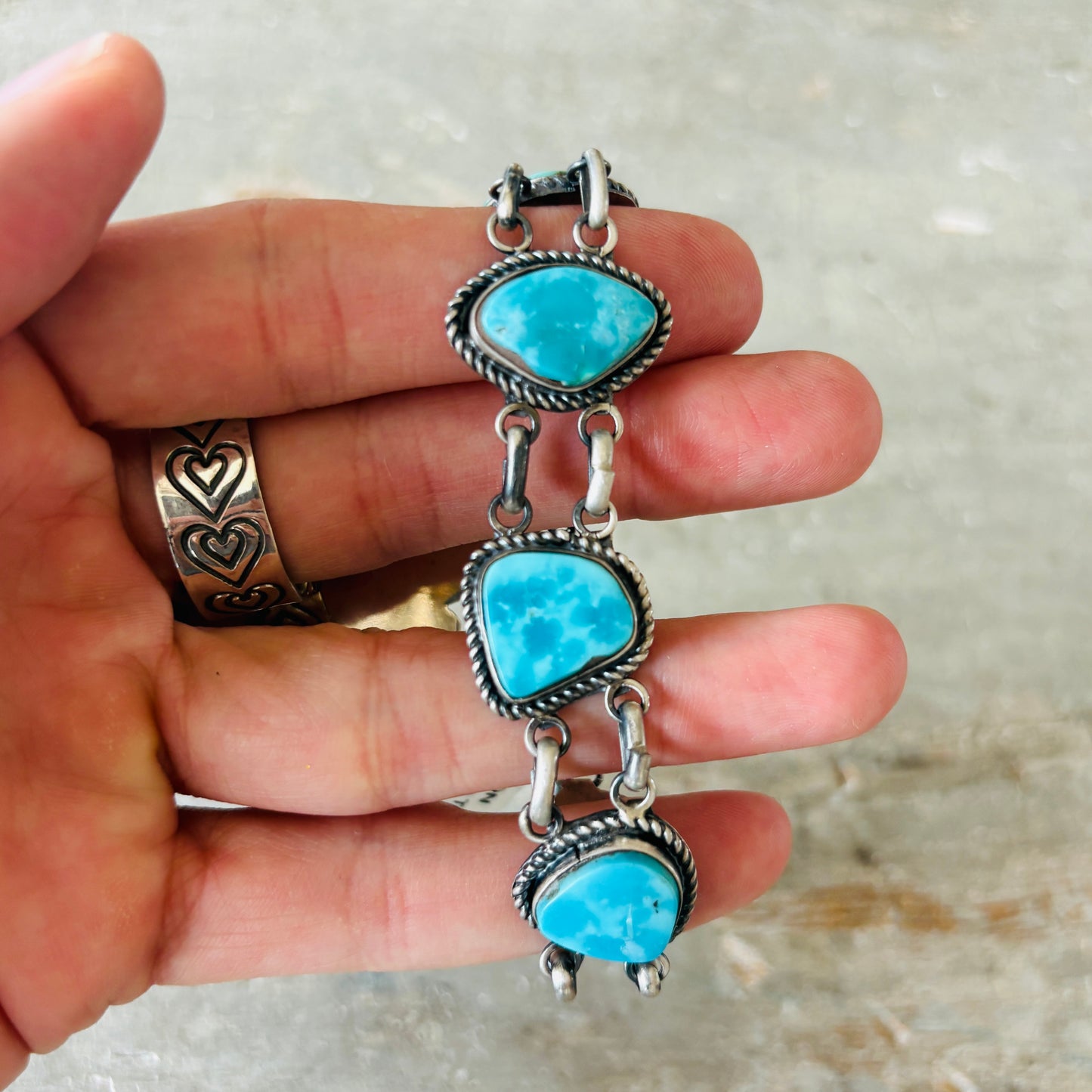 Navajo La Rose Ganadonegro Sterling Silver & Blue Gem Turquoise Panel Bracelet