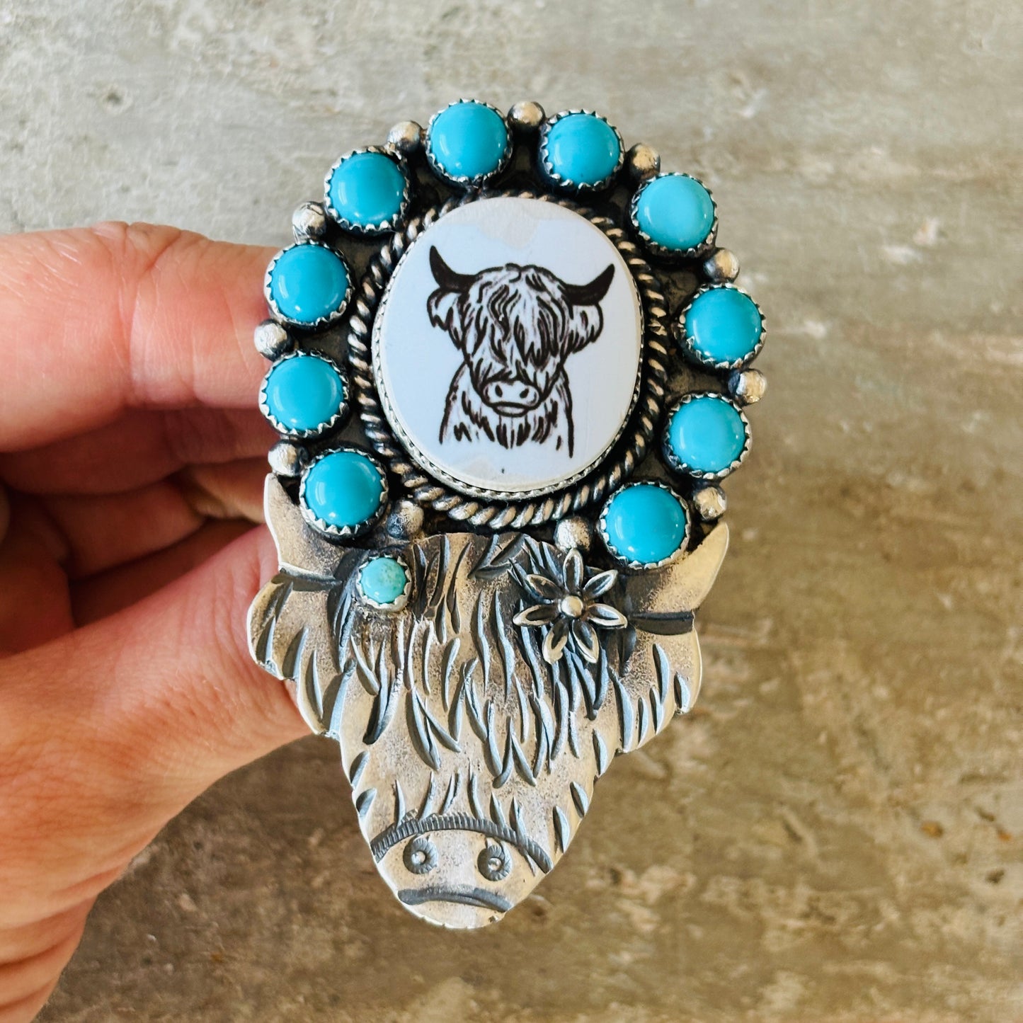 Navajo Kindale Billah Sterling Silver & Kingman Turquoise Highland Cow Ring