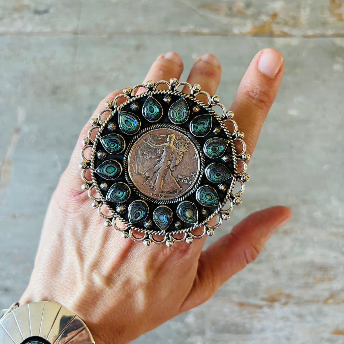 Navajo Hemerson Brown Sterling Silver & Abalone Shell 1942 Walking Liberty Half Dollar Statement Ring