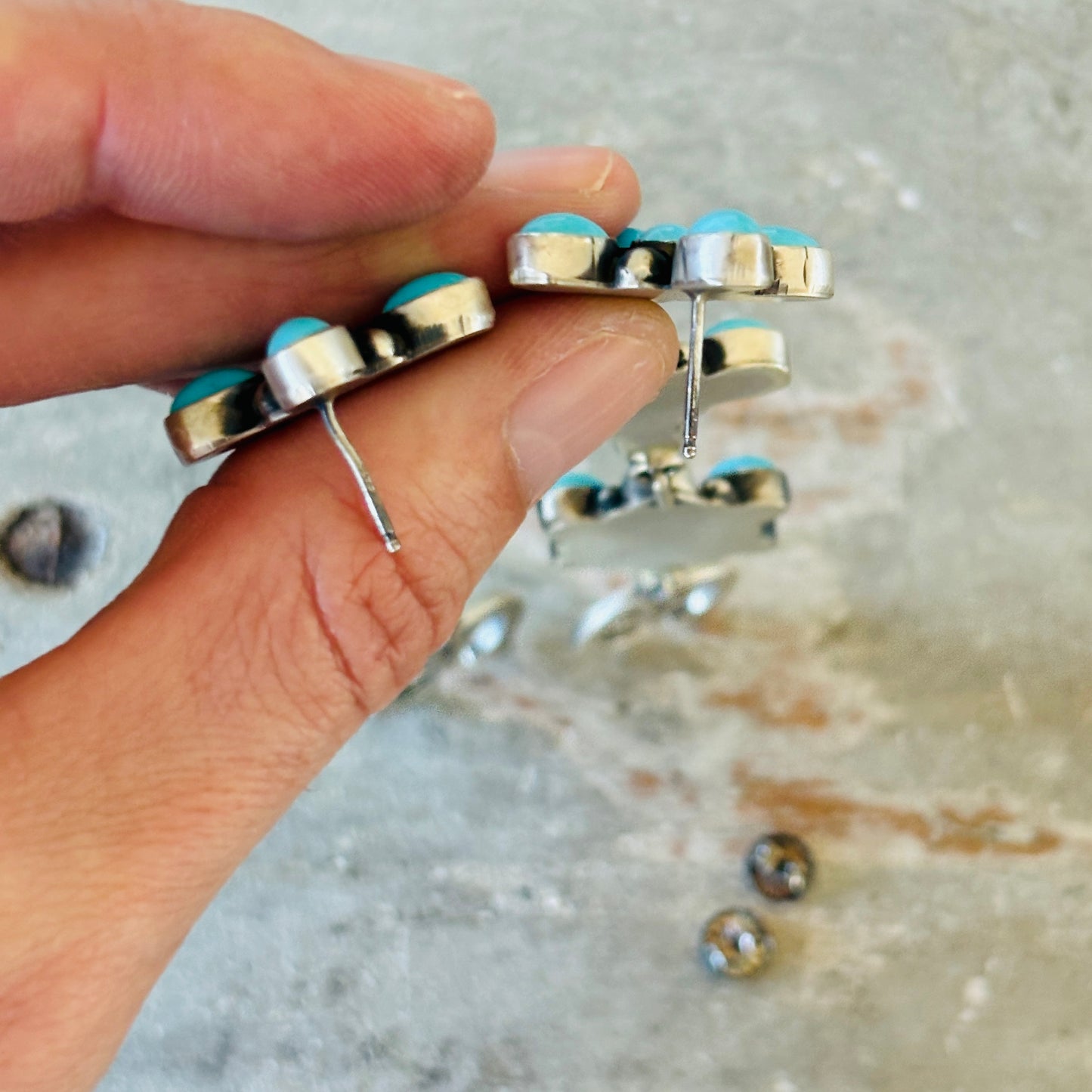 Navajo Travis Jim Sterling Silver & Kingman Turquoise Cluster Naja Earrings