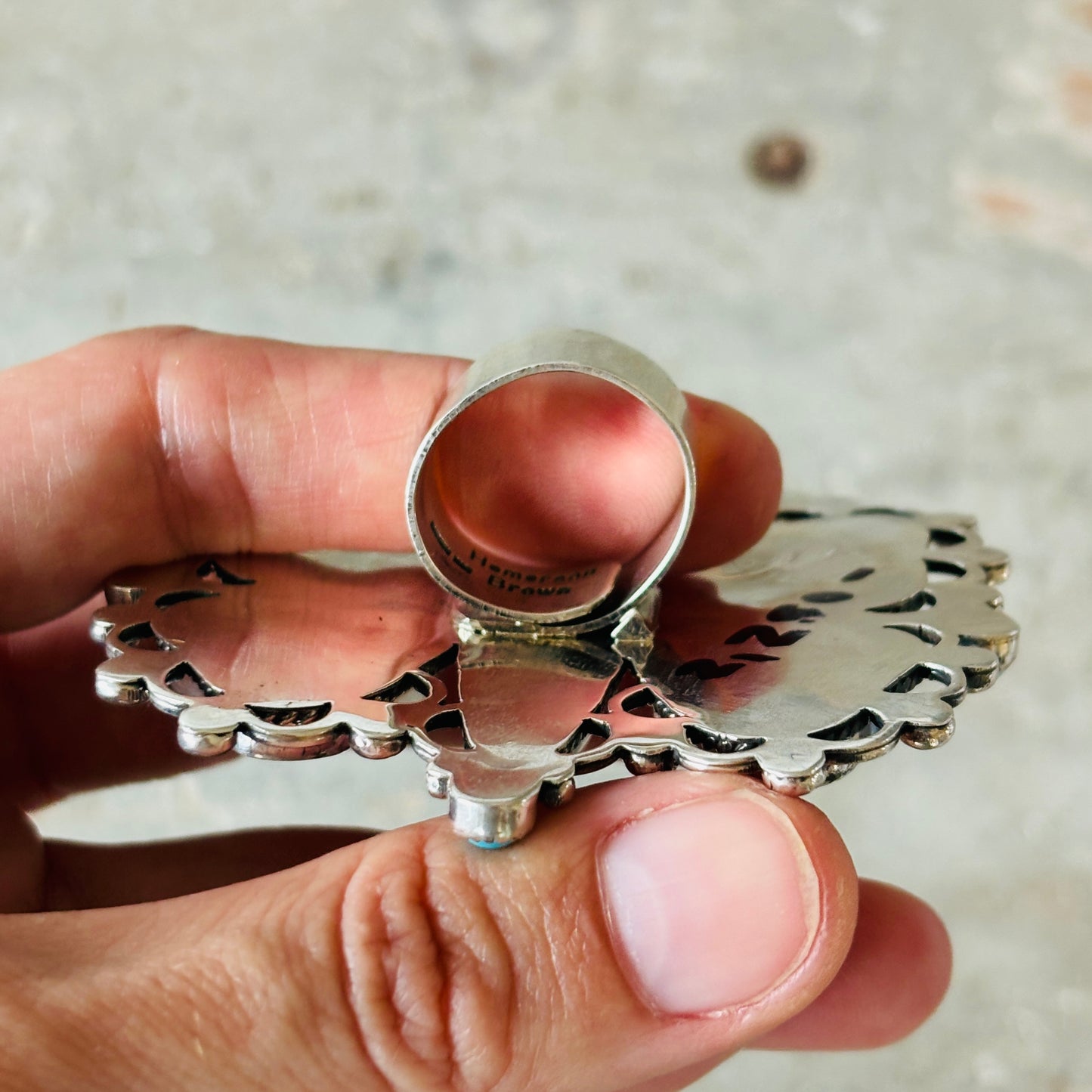 Navajo Hemerson Brown Sterling Silver - Orange Spiny & Sleeping Beauty Turquoise Butterfly Ring