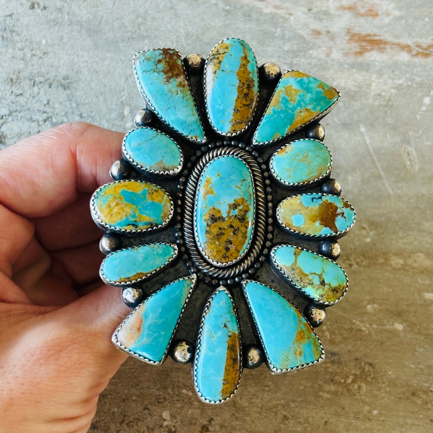 Navajo Brenda Pete Sterling Silver & Mixed Nevada Turquoise Cluster Ring