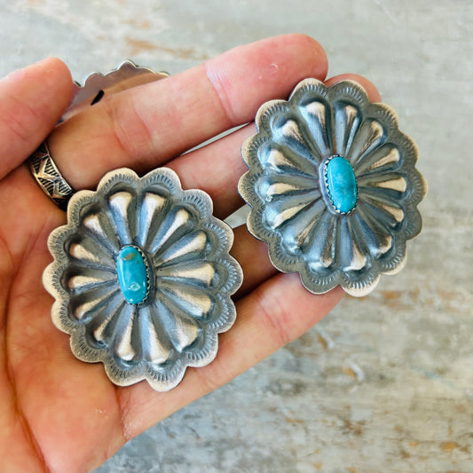 Navajo Signed Sterling Silver & Kingman Turquoise Concho Earrings