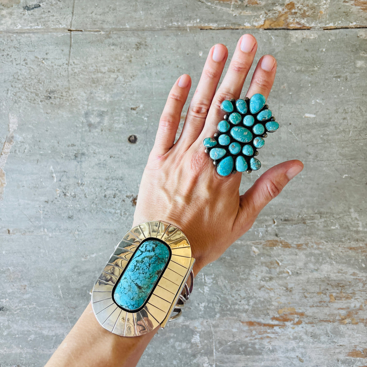 Navajo Paul Livingston Sterling Silver & Campitos Turquoise Cluster Statement Ring