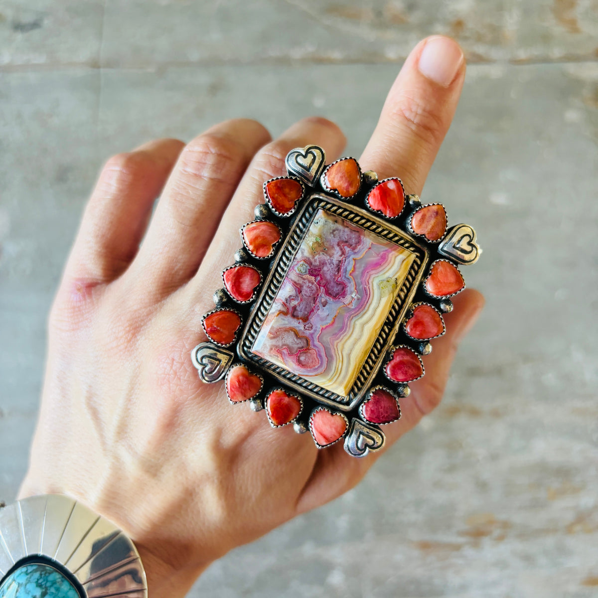 Navajo Hemerson Brown Sterling Silver - Red Spiny Oyster & Rainbow Dyed Crazy Lace Agate Hearts Ring
