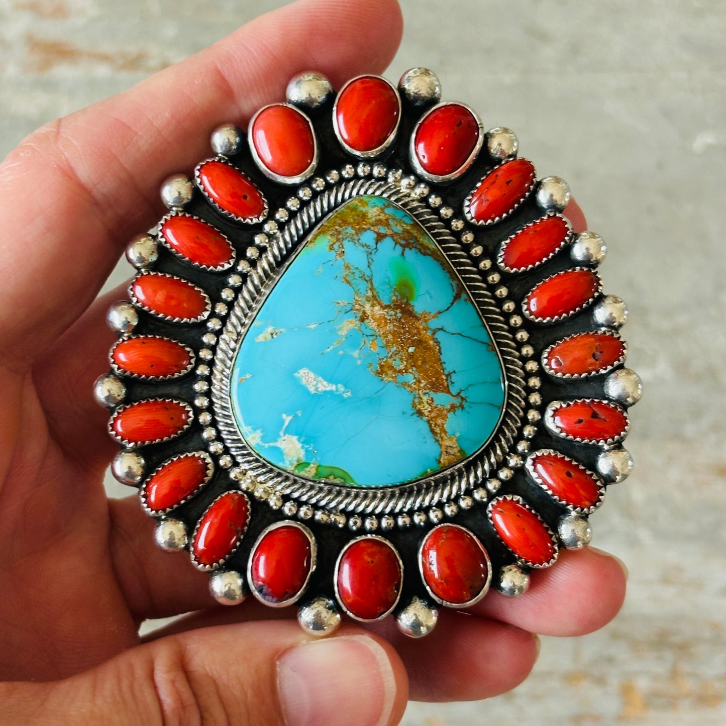 Navajo Hemerson Brown Sterling Silver - Sonoran Turquoise & Mediterranean Red Coral Cluster Statement Ring