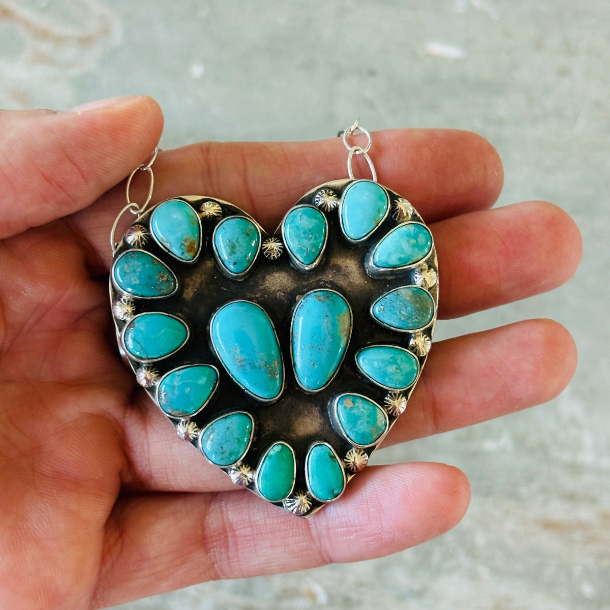 Navajo Freddy Platero Sterling Silver & Whitewater Turquoise Cluster Heart Necklace