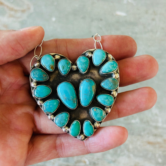 Navajo Freddy Platero Sterling Silver & Whitewater Turquoise Cluster Heart Necklace
