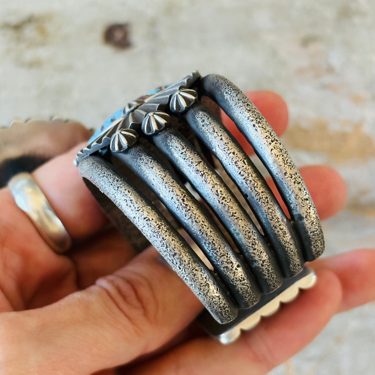 Navajo Herman Smith Sterling Silver & Golden Hills Turquoise Tufa Cast Cuff
