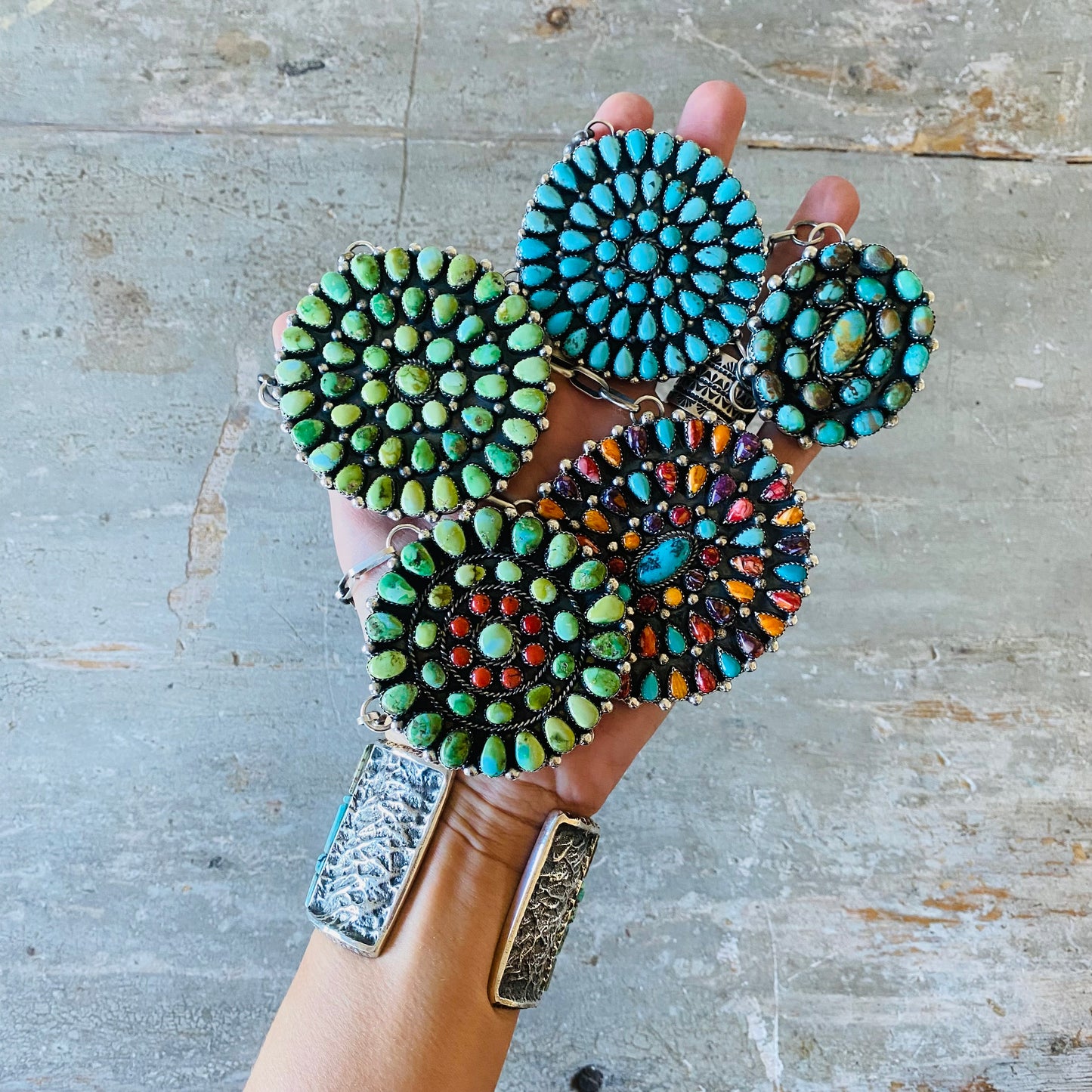 Navajo Lorenzo Jerilyn Chee Sterling Silver & Kingman Turquoise Cluster Necklace