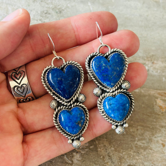 Navajo Hemerson Brown Sterling Silver & Lapis Heart Earrings