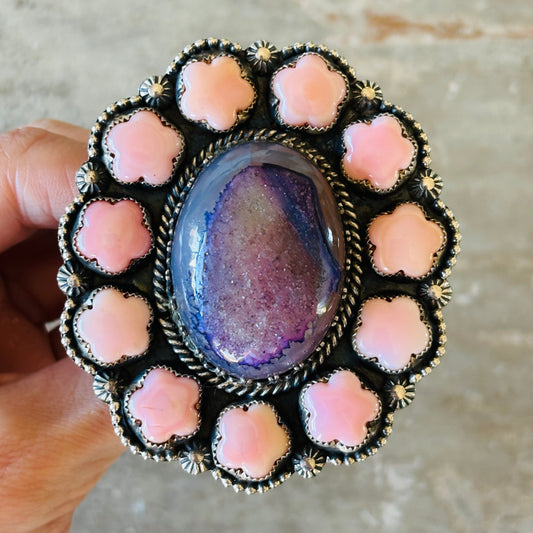 Navajo Hemerson Brown Sterling Silver - Druzy & Pink Conch Statement Ring