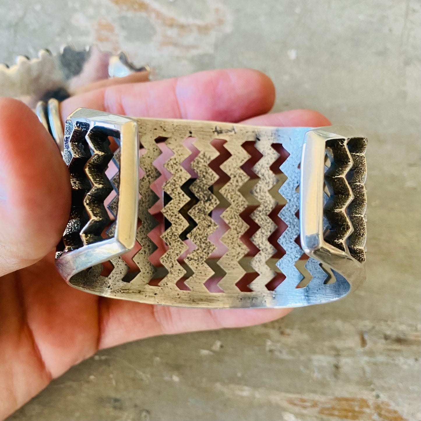 Navajo Aaron Anderson Sterling Silver & Indian Mountain Turquoise Cast Lightning Bolts Cuff