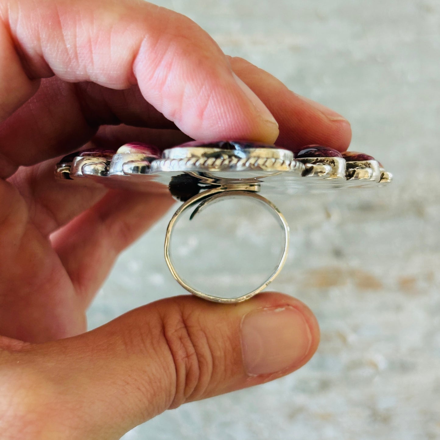 Navajo Tyler Brown Sterling Silver & Purple Spiny Hearts Statement Ring