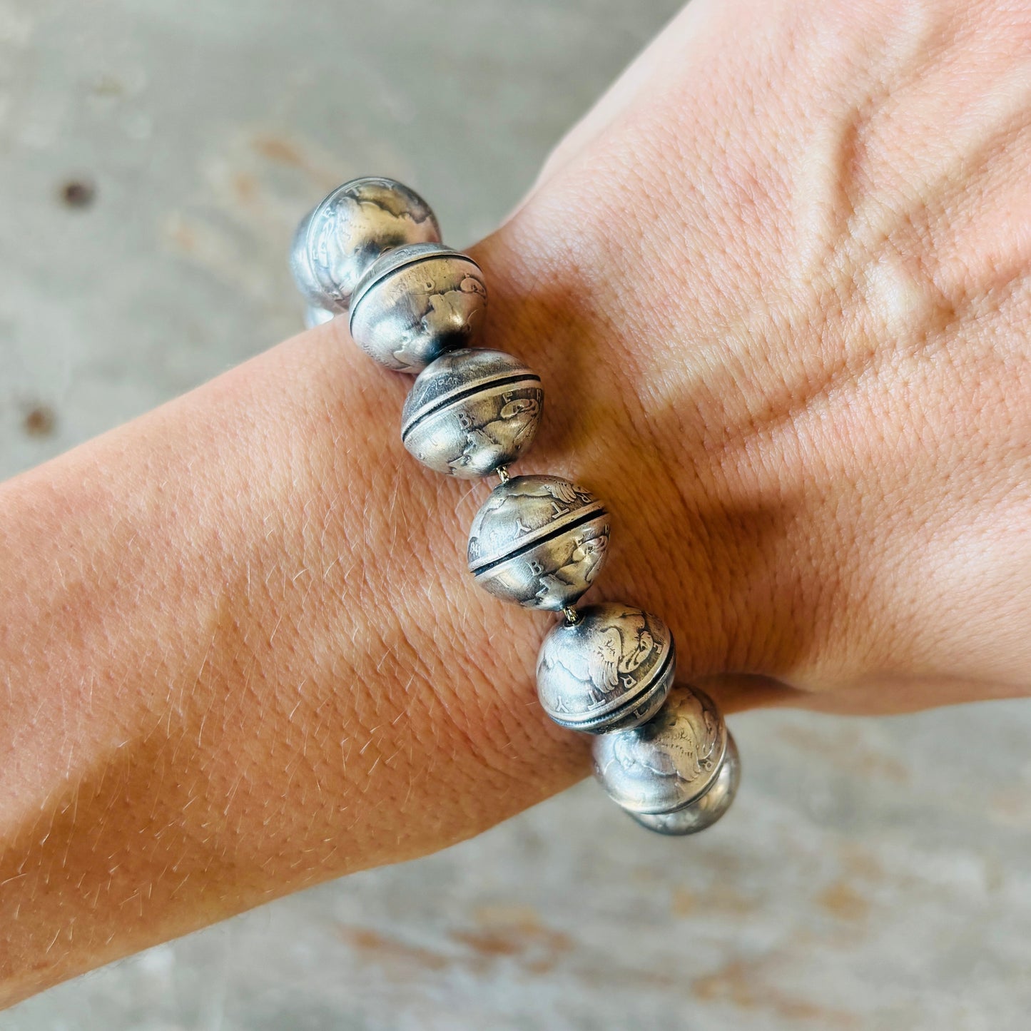 Navajo James McCabe Sterling Silver - Royston & Kingman Turquoise Liberty Dimes Beads Bracelet