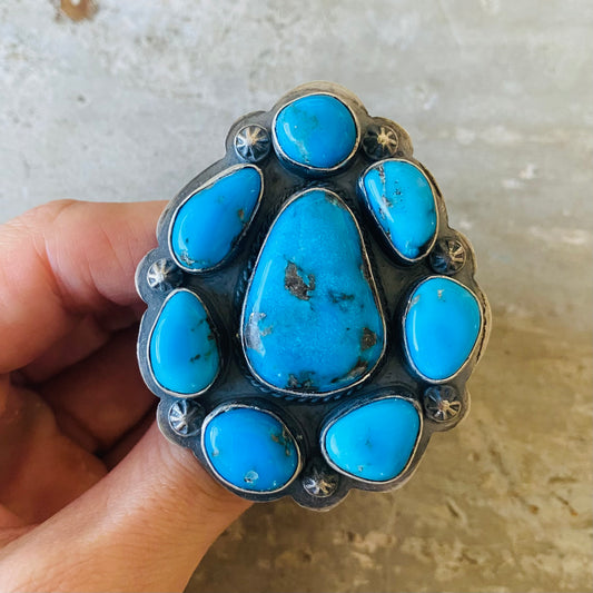 Navajo Sandra Nez Sterling Silver & Kingman Turquoise Cluster Ring