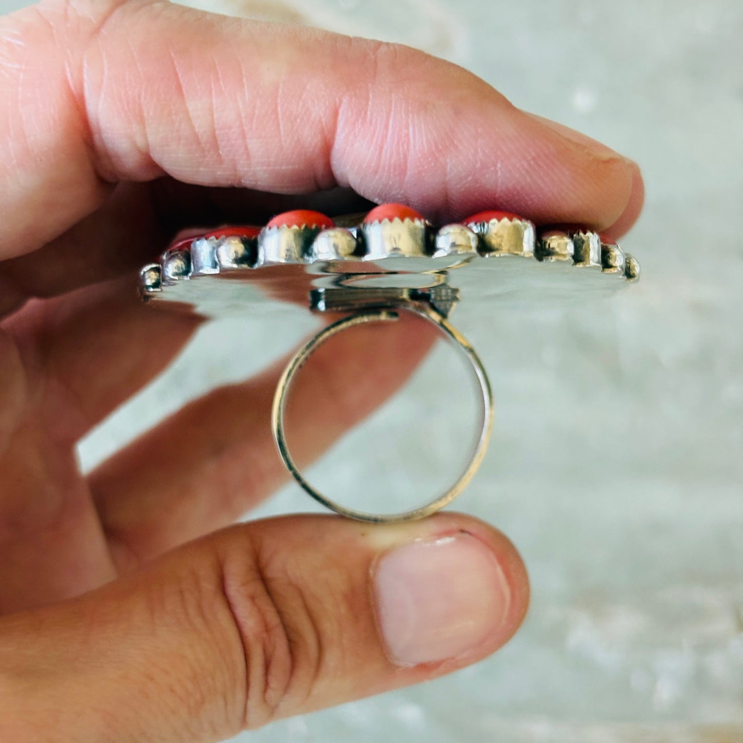 Navajo Hemerson Brown Sterling - Red Coral & #8 Turquoise Cluster Ring
