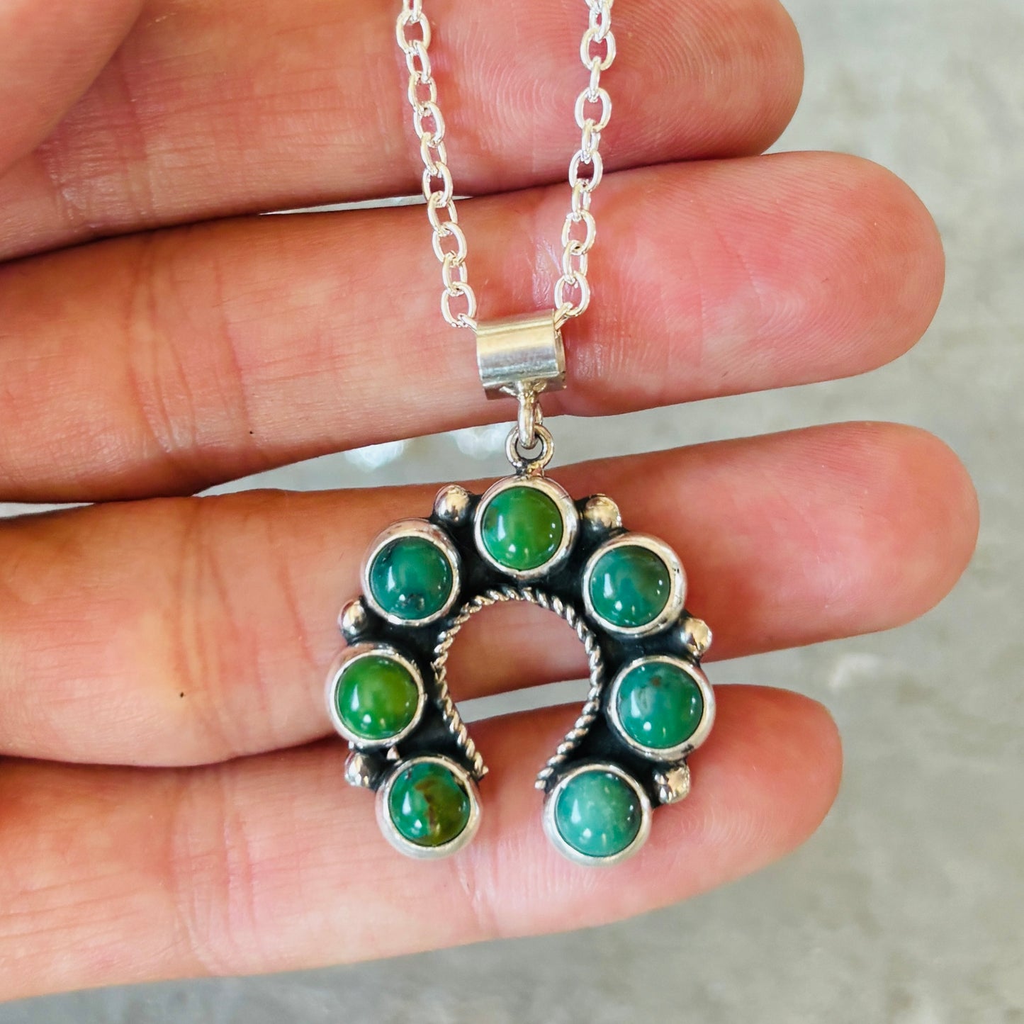 New Navajo Martin Perry Sterling Silver & Green Turquoise Naja Pendant