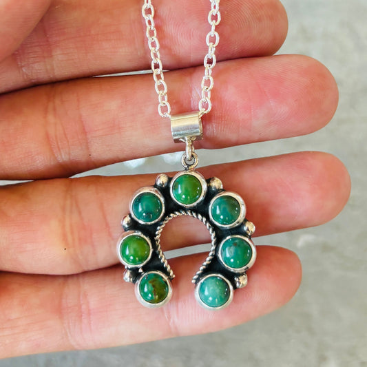 New Navajo Martin Perry Sterling Silver & Green Turquoise Naja Pendant